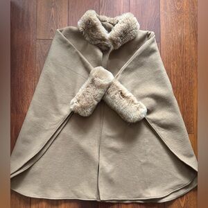 Women's Camel Faux Fur Trim Cape Coat